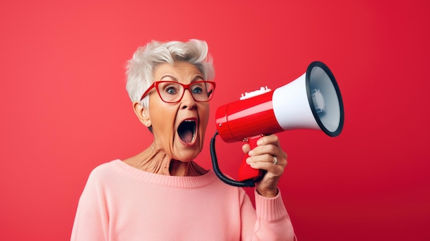 Senior woman crier dans un haut-parleur isolé sur fond rouge