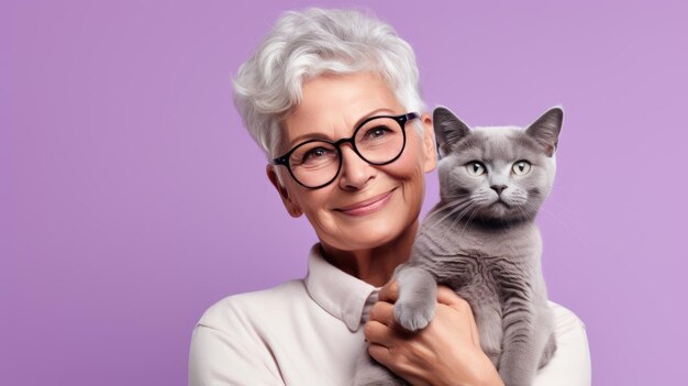 Senior woman tient un chaton dans ses bras sur fond violet