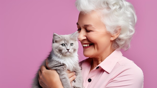Senior woman tient un chaton dans ses bras sur fond violet