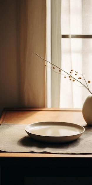 Sensibilité minimaliste Une scène aérienne vibrante avec une assiette blanche et un vase