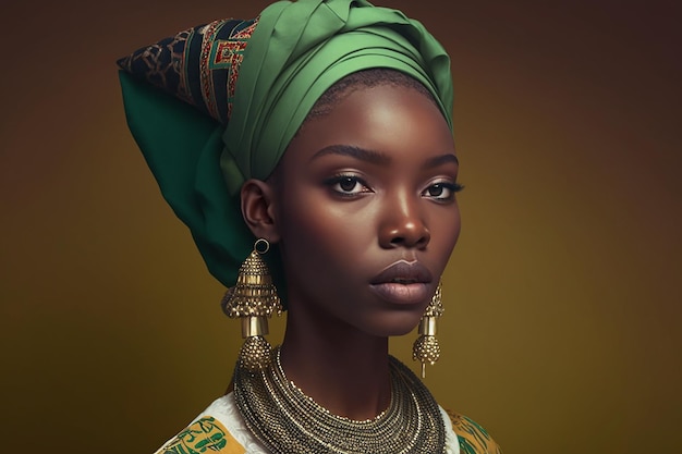 Sensuelle femme noire portant le costume national africain isolé sur fond vert Generative AI