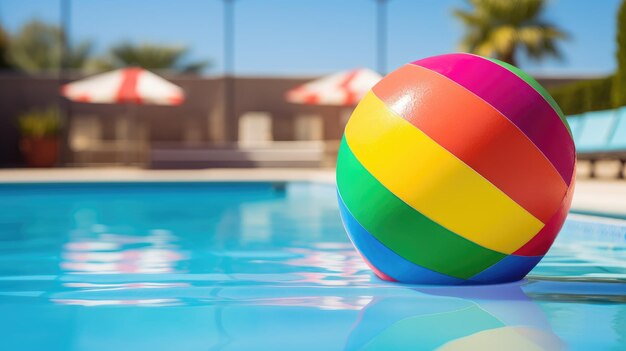 Sentez l'essence de l'été alors qu'une balle de plage multicolore se repose au bord de la piscine.