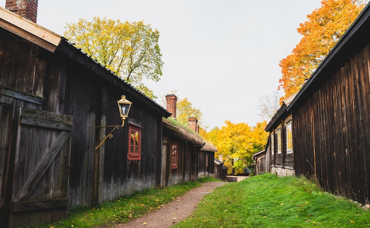 Photo un sentier au milieu des bâtiments contre le ciel en automne