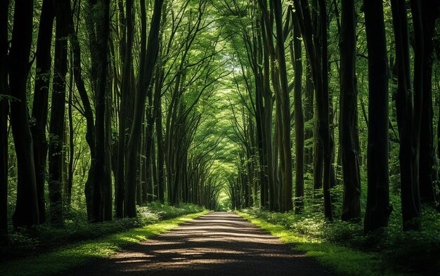 Un sentier au milieu d'une forêt de grands arbres