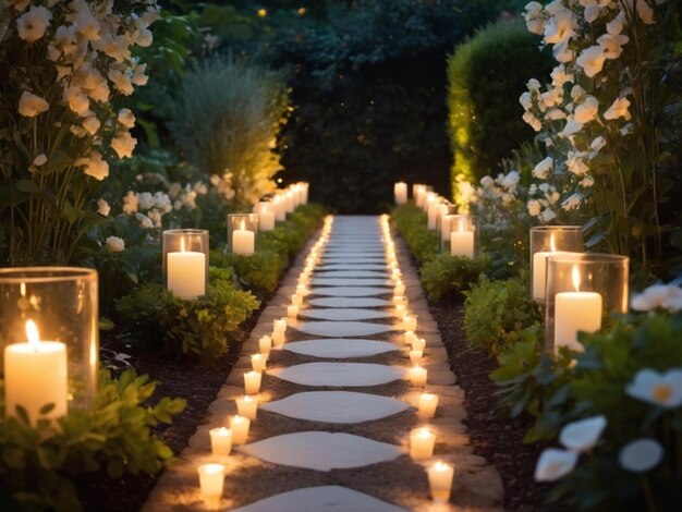 Un sentier aux bougies blanches dans un jardin