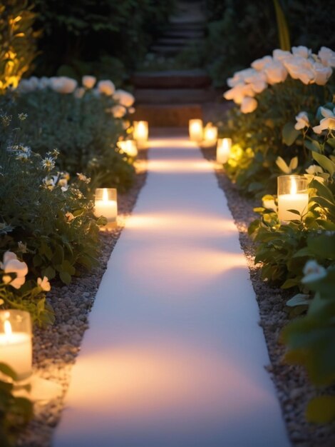 Un sentier aux bougies blanches dans un jardin