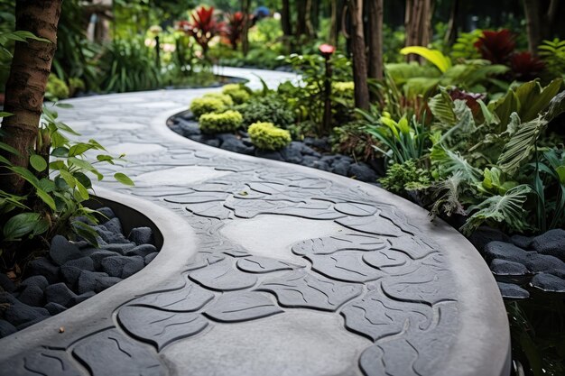 Un sentier de béton dans le jardin en gros plan