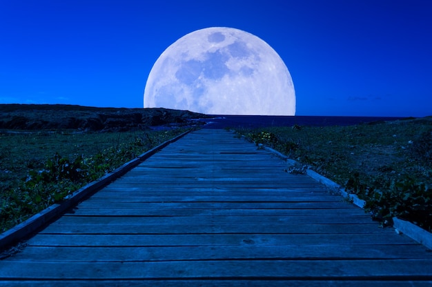 Sentier en bois vers la lune