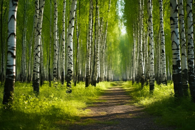 Un sentier de bouleaux dans une forêt luxuriante