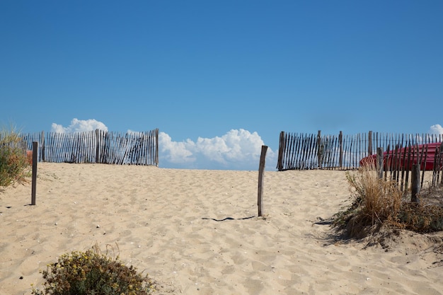 Sentier clôture sable côte océan plage mer dans le sud-ouest de la baie d'arcachon sur la côte atlantique française à lege cap ferret