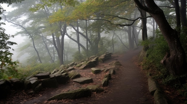 un sentier dans une forêt avec des rochers et des arbres