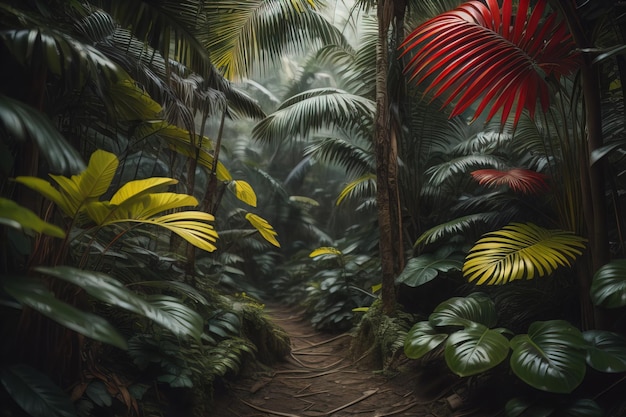 Un sentier dans la forêt tropicale avec des palmiers et un sentier dans le brouillard