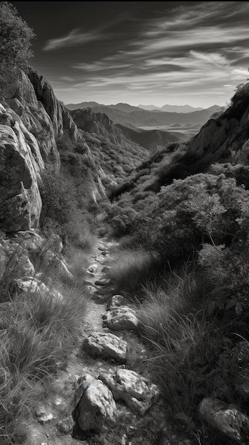 Un sentier dans les montagnes est représenté en noir et blanc.