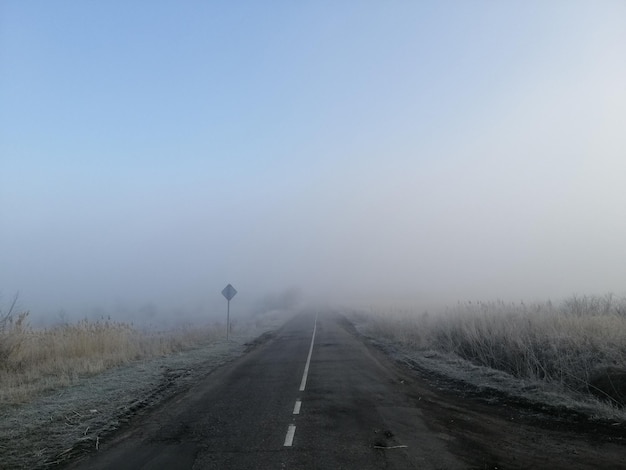 Sentier du matin dans une atmosphère sombre de brouillard