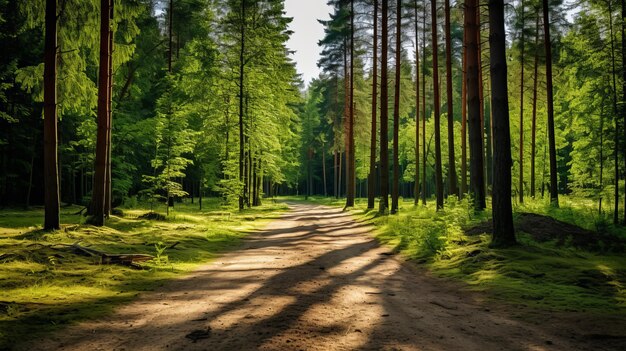 Photo un sentier éclairé par le soleil à travers les pins une image captivante