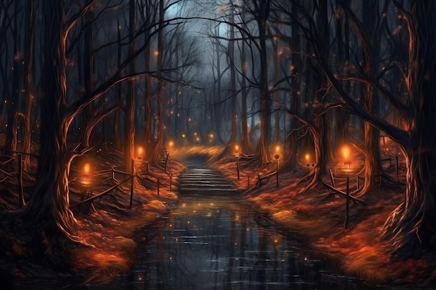 Sentier enchanté dans une forêt fantasmagorique de cauchemars IA générative