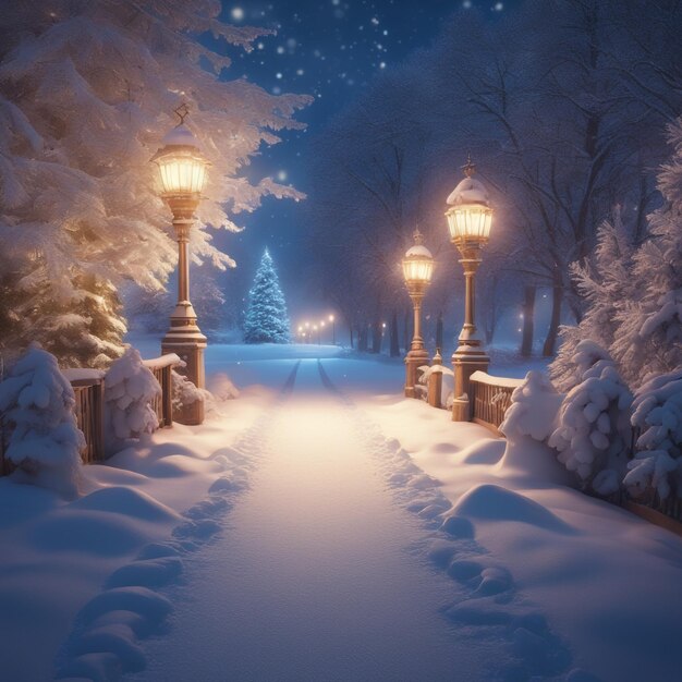 sentier enneigé éclairé dans un parc sur fond froid de nuit d'hiver