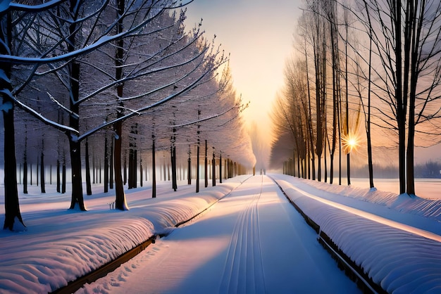 sentier enneigé éclairé dans un parc par une froide nuit d'hiver Haute résolution Look réaliste Ultra HD