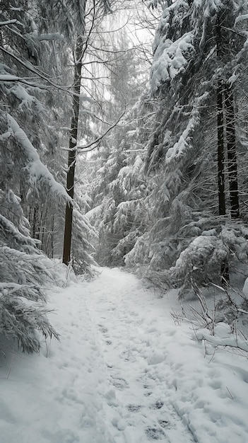 Un sentier enneigé d'hiver à travers la forêt Une route d'hivers à travers une forêt couverte de neige