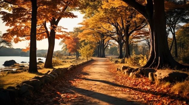 Sentier entouré d'arbres et de feuilles à l'automne