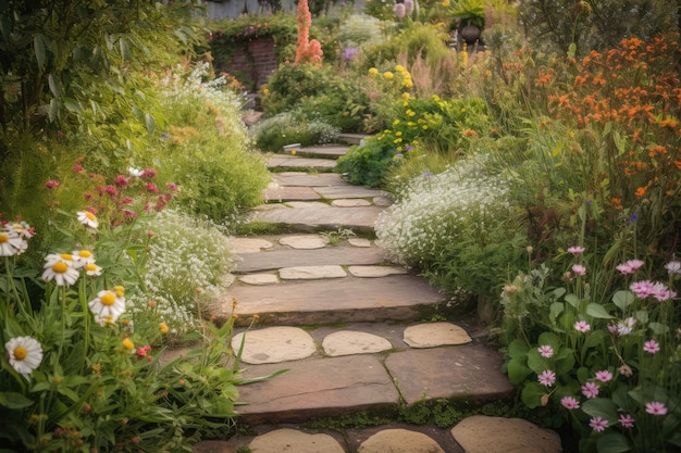 Sentier de l'étape avec des tremplins à travers le jardin entouré de parterres de fleurs en fleurs