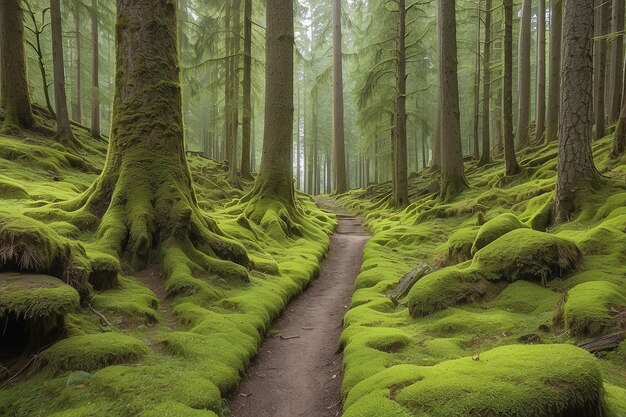 Un sentier étroit dans une forêt de conifères avec de la mousse et des lichens sur les arbres forêt noire Baden