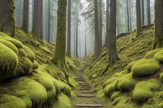 Photo un sentier étroit dans une forêt de conifères avec de la mousse et des lichens sur les arbres forêt noire baden