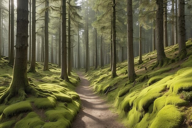 Un sentier étroit dans une forêt de conifères avec de la mousse et des lichens sur les arbres forêt noire Baden