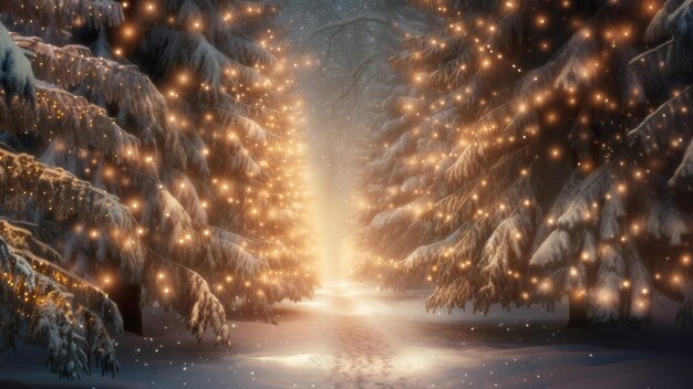 Photo un sentier étroit dans une forêt d'hiver enchantée éclairée par les lumières dorées des fées sur les arbres couverts de neige.