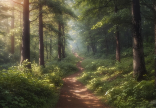 Sentier fabuleux et mystérieux dans la forêt brumeuse de conifères Localisation lieu de