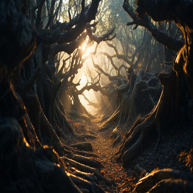 Un sentier forestier éclairé par la lune qui serpente entre des arbres noueux et anciens.