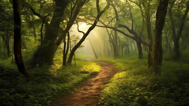 Un sentier forestier enchanteur avec la lumière du soleil filtrant à travers les arbres générés par l'IA