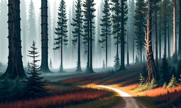 Sentier forestier avec de grands arbres fantastique scène artistique de jeu de conte de fées magique Haute qualité AI générative post-traitée