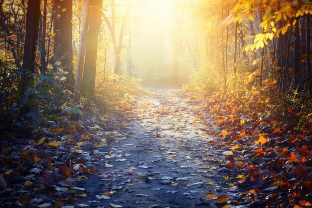 Un sentier forestier sinueux couvert de feuilles tombées menant à une clairière ensoleillée