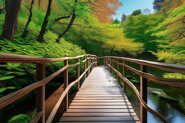 Le sentier de la forêt sereine La beauté tranquille le long du pont de bois