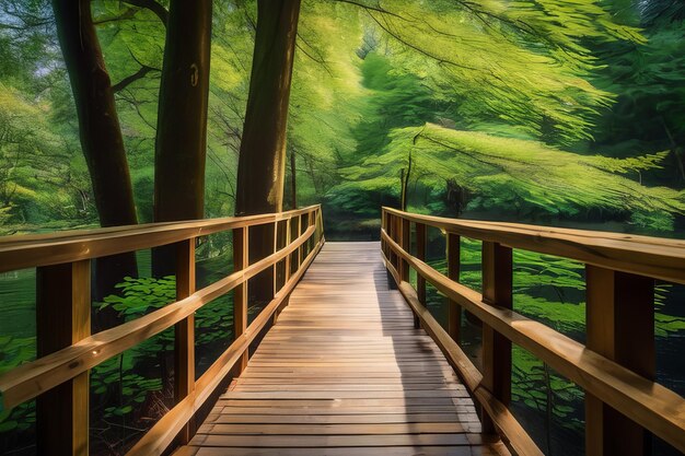 Le sentier de la forêt sereine La beauté tranquille le long du pont de bois