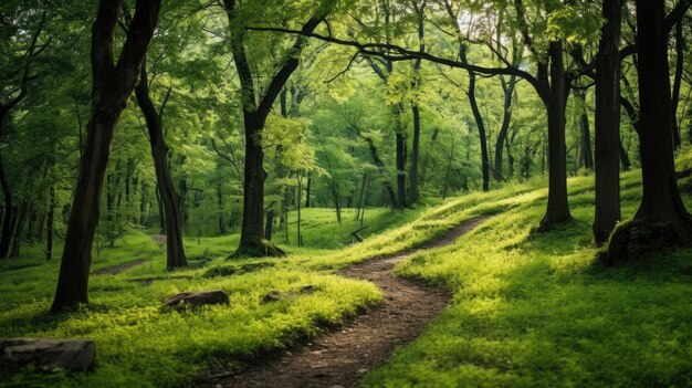 Un sentier d'herbe à travers les bois