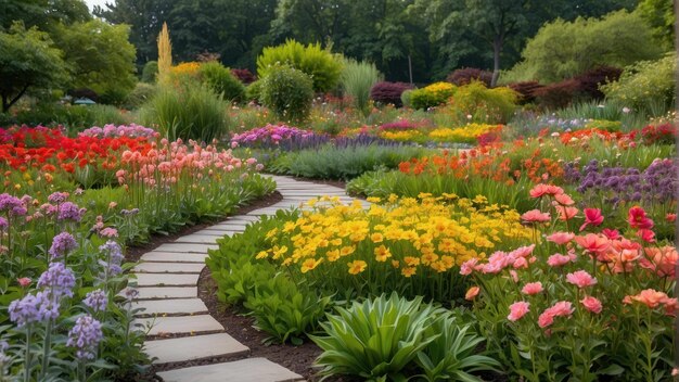 Un sentier de jardin coloré en fleurs