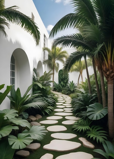 Un sentier de jardin tropical avec des marches menant à un bâtiment blanc entouré d'un vert luxuriant