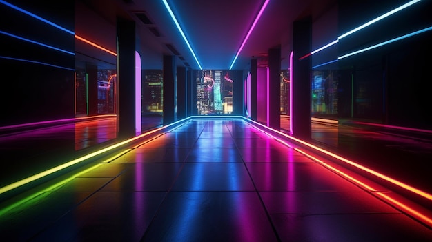 Sentier de lumière au néon de couleur abstraite Lumières au néon sur un tunnel sombre avec une ville en arrière-plan