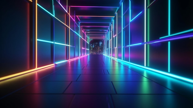 Sentier de lumière au néon de couleur abstraite Lumières au néon sur un tunnel sombre avec une ville en arrière-plan