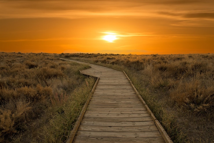 Photo un sentier menant au paysage contre le ciel au coucher du soleil