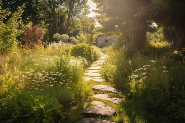 Un sentier menant d'un jardin serein à une prairie ensoleillée avec des marches