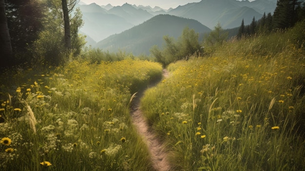 Sentier menant à des montagnes avec des prairies fleuries AI générative