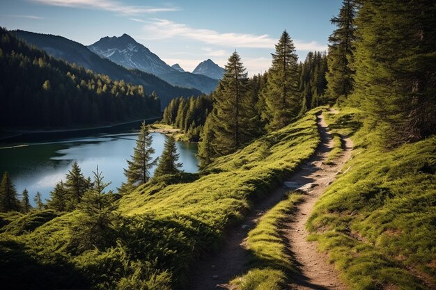 Photo le sentier de montagne avec le lac