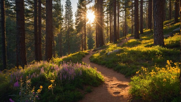 Un sentier de montagne sinueux menant à travers une forêt de pins dense avec des puits de filtres de lumière du soleil dorés