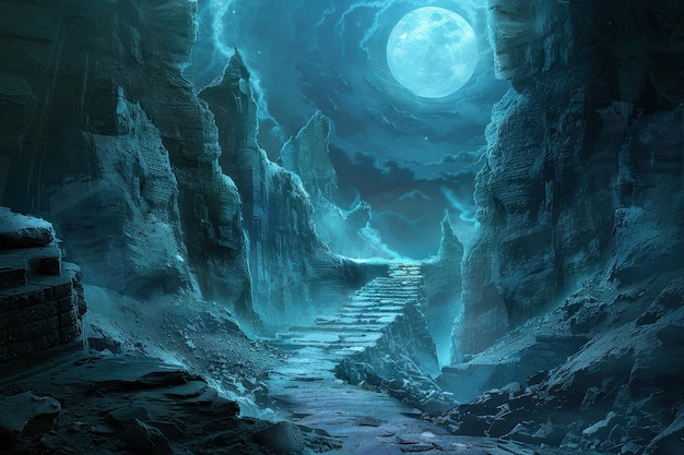 Un sentier mystique éclairé par la lune à travers un canyon rocheux effrayant.