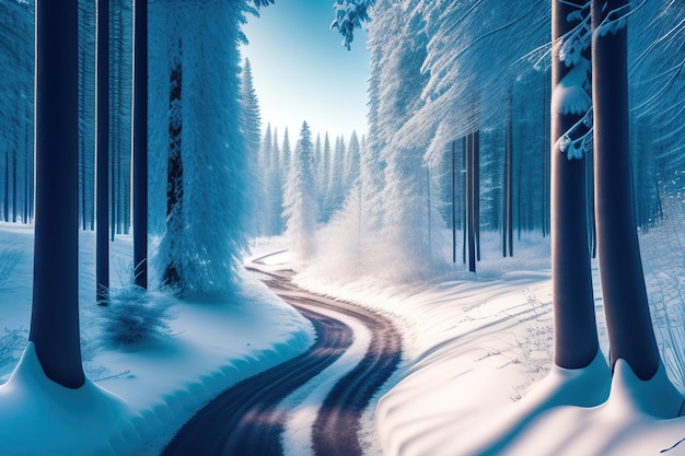 Sentier de paysage d'hiver à travers une forêt glacée enneigée Tunnel à travers les arbres dans la glace et la neige