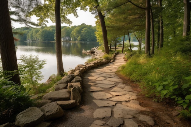 Un sentier de pierre naturel serpentant parmi les arbres mène à un lac serein.