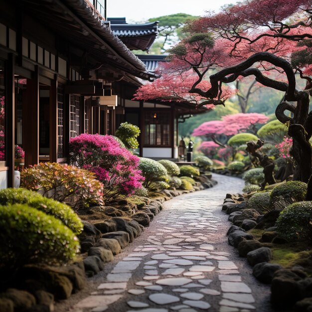 Un sentier de pierre à travers un jardin zen avec des arbres et des buissons roses